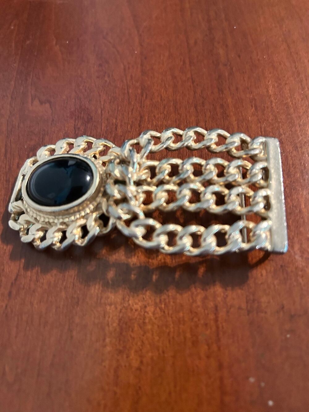 Vintage Gold Tone Multi Strand Chain Belt Buckle Black Cabochon Statement